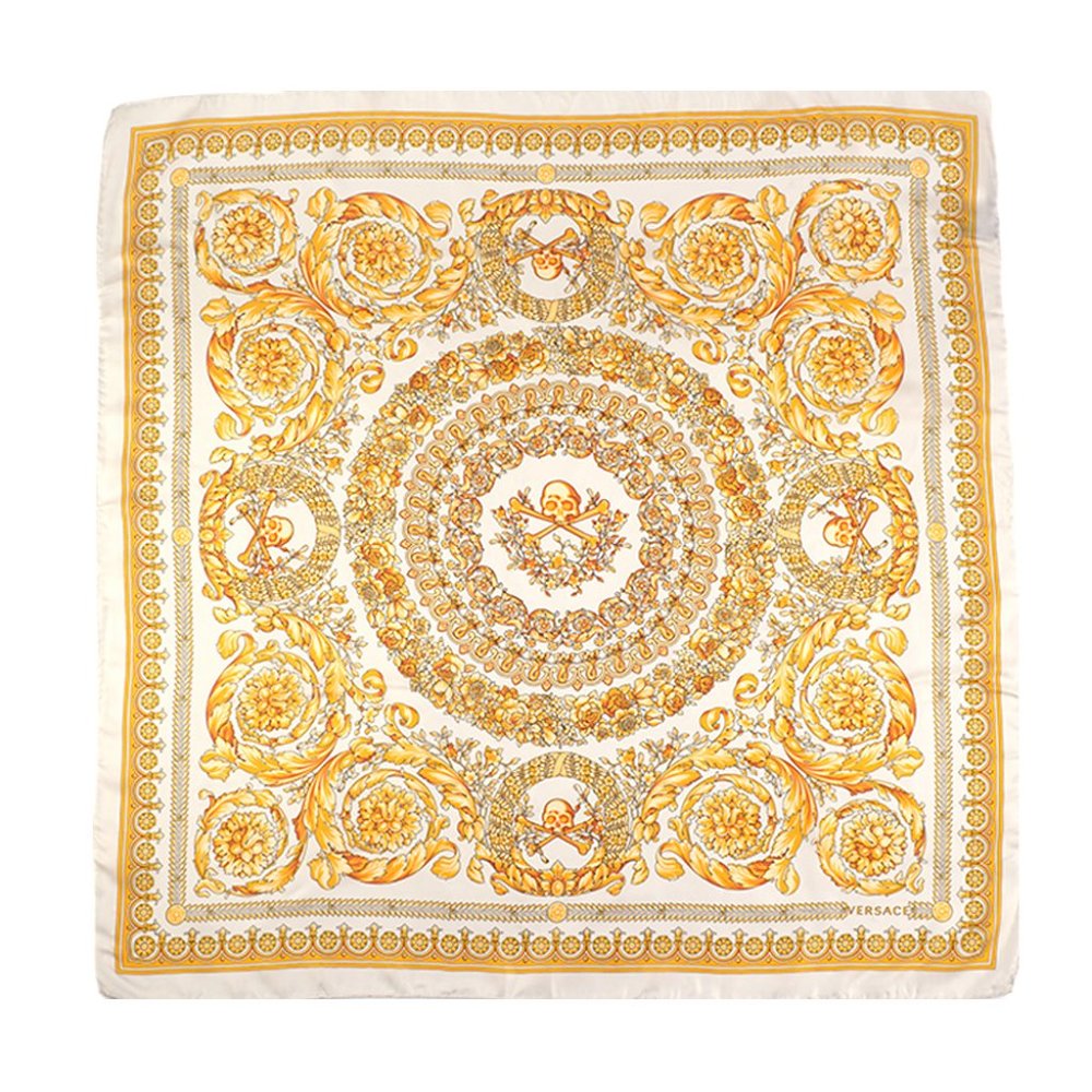 Versace Unisex Medusa Baroque Skull Print Silk Scarf White Gold